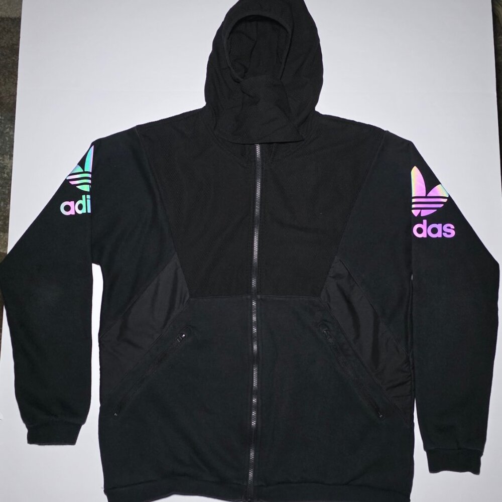 Adidas Mens Black Full Zippered Hooded Jacket With Zippered Pockets Size Large